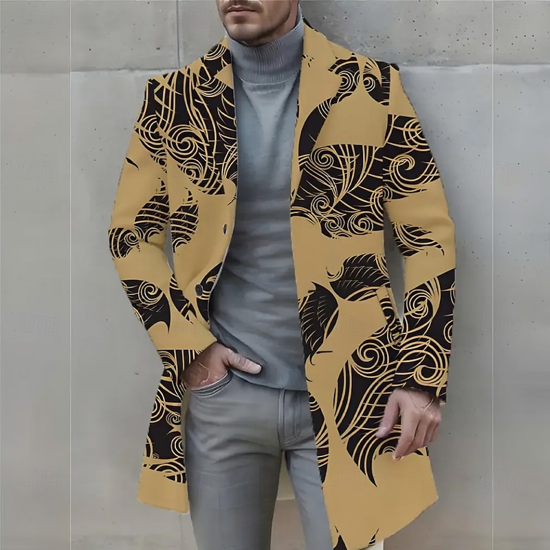 Men's Trees / Leaves Plant Overcoat Coat Thermal Warm Casual Business Daily 3D Print Buttons Front Pocket Spring Fall Winter Notch Long Sleeve Brown