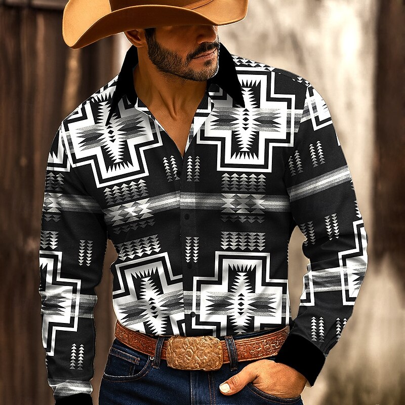 Men's Aztec Geometric Pattern Ethnic Shirt Western Shirt Button Up Shirt Long Sleeve Vintage Retro Outdoor Casual WorkWear Spring Fall Turndown 3D Print Collared Shirts Black Burgundy Blue Green