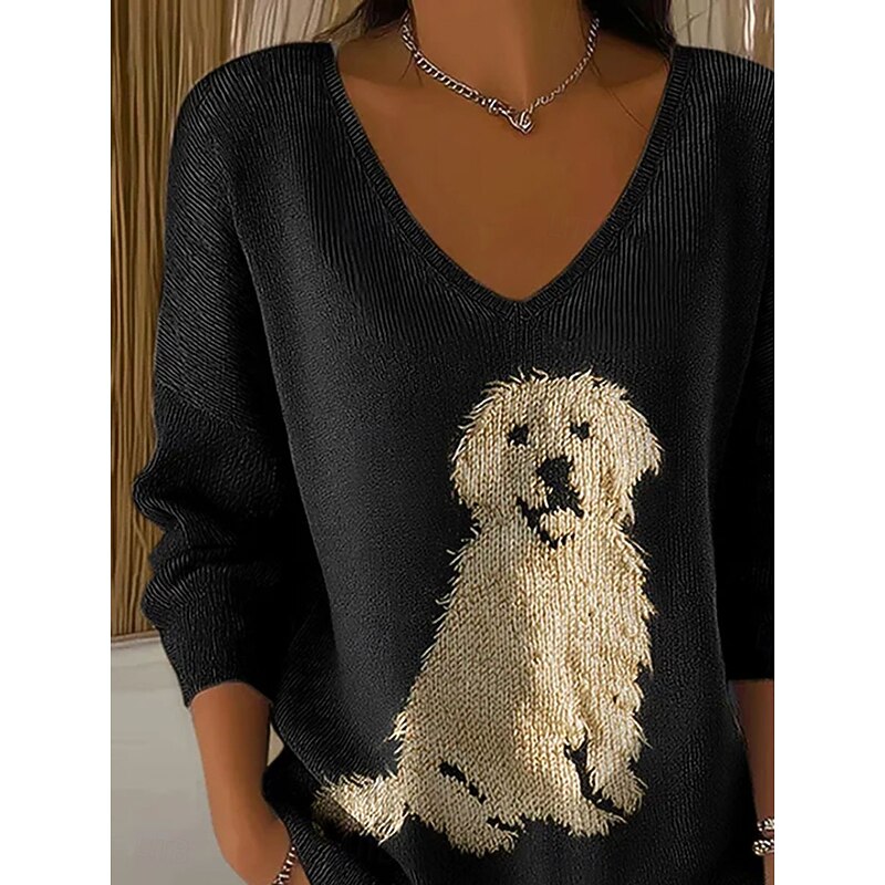 Women's Sweater Pullover Golden Retriever Fashion Streetwear Casual Graphic Animal V Neck Oversized Knitted Long Sleeve Regular Tops Knit Outdoor Daily Black Spring Fall2