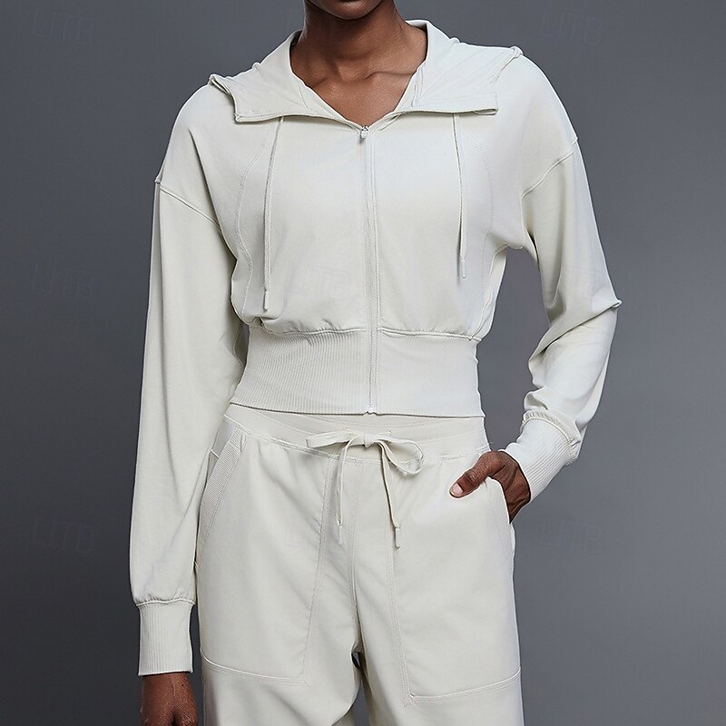 Women's Sports Crop Coat Breathable Drawstring Long Sleeve Sports Solid Color Top For Gym Running Fitness Activewear4