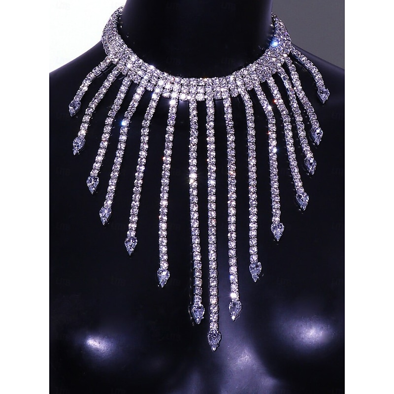 Women's Rhinestone Fringe Choker Necklace - Sparkly Statement Jewelry for Nightclub, Cocktail and Party Outfits3