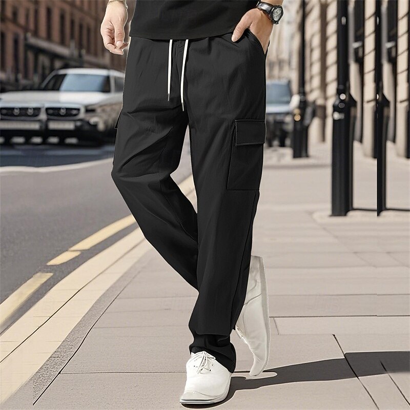 Men's Cargo Pants Trousers Drawstring Elastic Waist Multi Pocket Plain Wearable Outdoor Daily Camping & Hiking Fashion Classic Black White3