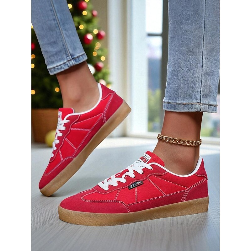 Women's Red Canvas Sneakers – Casual Lace-Up Flat Shoes for Walking, Travel, Christmas and Daily Wear