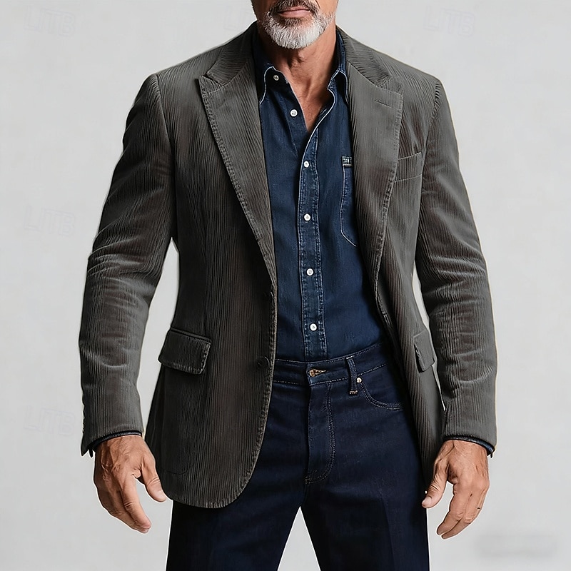 Men's Blazer Corduroy Blazer Business Cocktail Party Wedding Party Fashion Casual Spring Fall Polyester Plain Pocket Buttons Comfortable Single Breasted Blazer Dark Gray Black Yellow Blue4