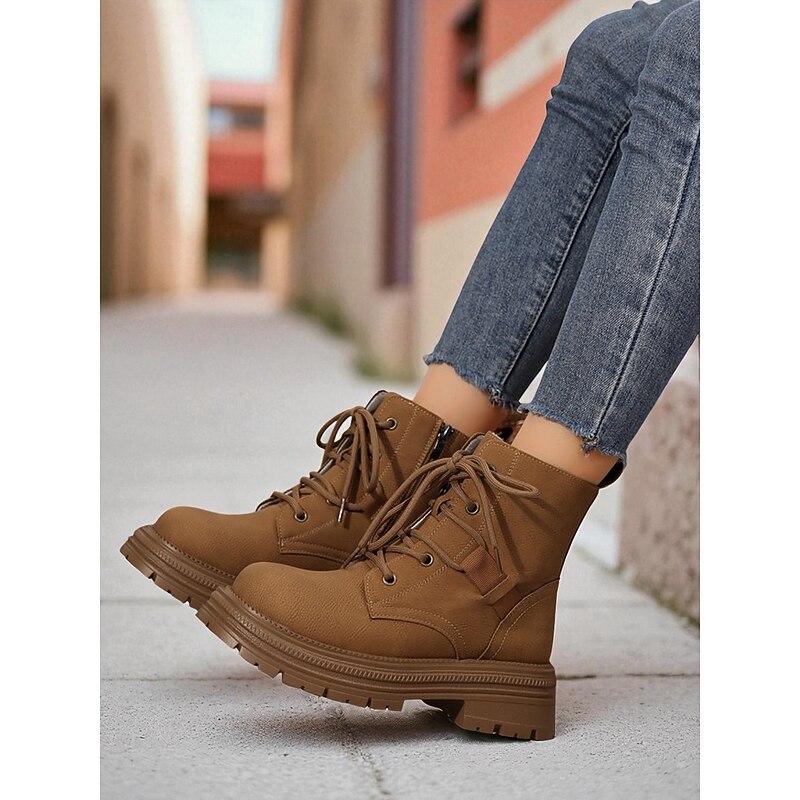 Women's Brown Combat Lace-Up Boots with Thick Sole, Casual Punk Style Ankle Boots for Outdoor and Street Fashion3