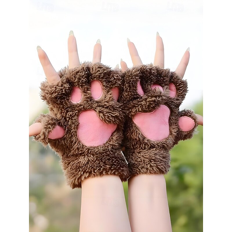 Women's Plush Paw Gloves – Cute Furry Cat Claw Mittens, Soft Winter Warm Fingerless Gloves for Cosplay, Halloween and Daily Wear