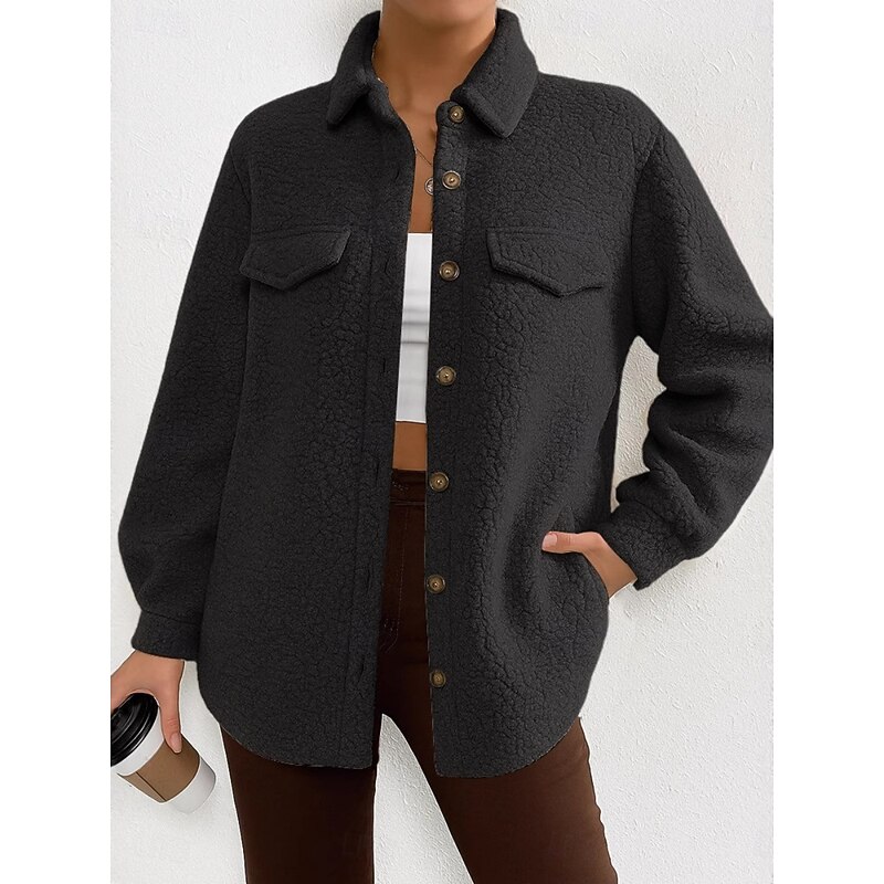 Women's Fleece Jacket Comfortable Breathable Pocket Buttons Casual Plain Vacation Street Casual Daily Wear Single Breasted Regular Turndown Regular Fit Long Sleeve Outerwear Black White Pink Spring2
