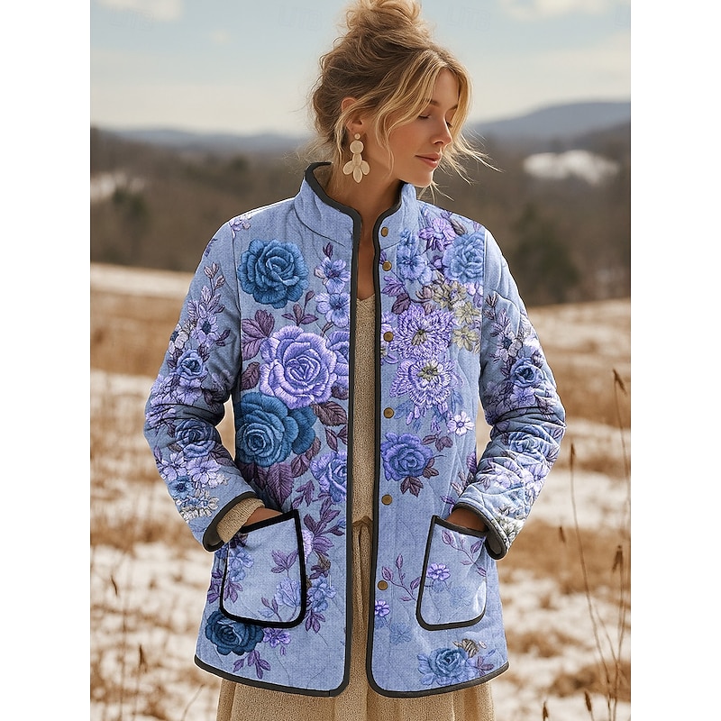 Women's Winter Jacket Quilted Jacket Warm Lightweight Print Active Vintage Cute Artistic Floral Casual Regular Stand Collar Regular Fit Long Sleeve Outerwear Pink Blue Purple Fall Winter3