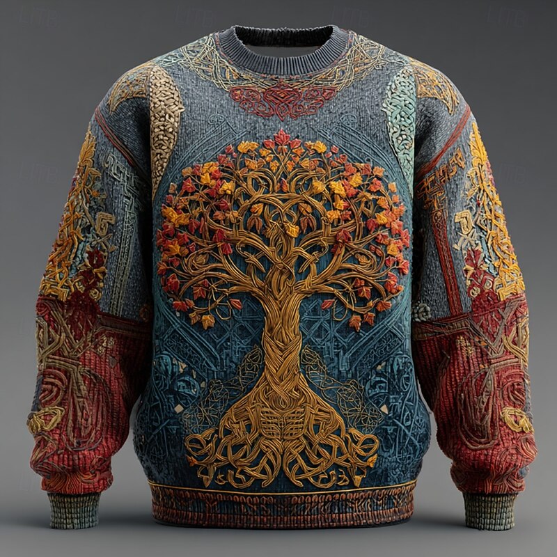 Men's Viking Tree Of Life Pullover Sweater Jumper Knitwear Crewneck Retro Vintage Casual Vacation Street Daily 3D Print Knitting Keep Warm Long Sleeve Fall Winter Blue Brown