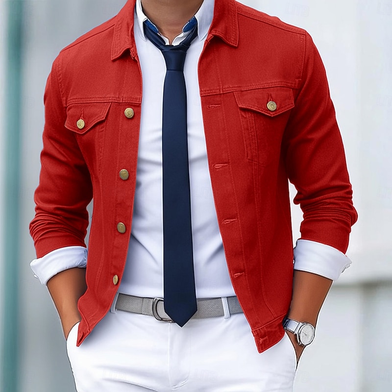 Men's Shirt Jacket Cargo Jacket Denim Jacket Casual Daily Wear Windproof Buttons All Seasons Solid Color Streetwear Smart Casual Lapel Regular Black White Red Navy Blue Blue Jacket