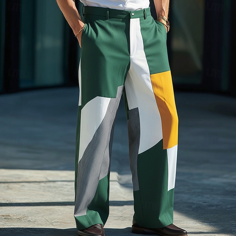 Men's Geometric Color Block Trousers Dress Pants Suit Pants Mid Waist Business Casual Dailywear Holiday Streetwear Relaxed Fit Flat Front Dress Pants with Side Pockets Spring Fall 3D Print Blue Green3