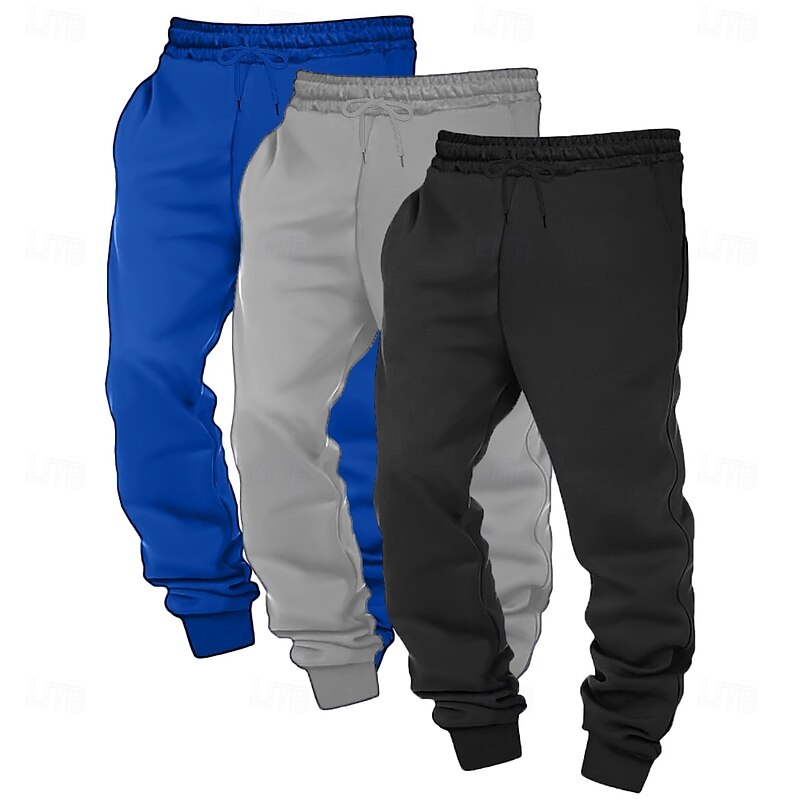 Men's Sweatpants Joggers Fleece Pants Winter Pants Trousers Drawstring Elastic Waist Solid Color Comfort Warm Full Length Outdoor Casual Daily Ethnic Style Classic Style Light Grey+Blue+Black2