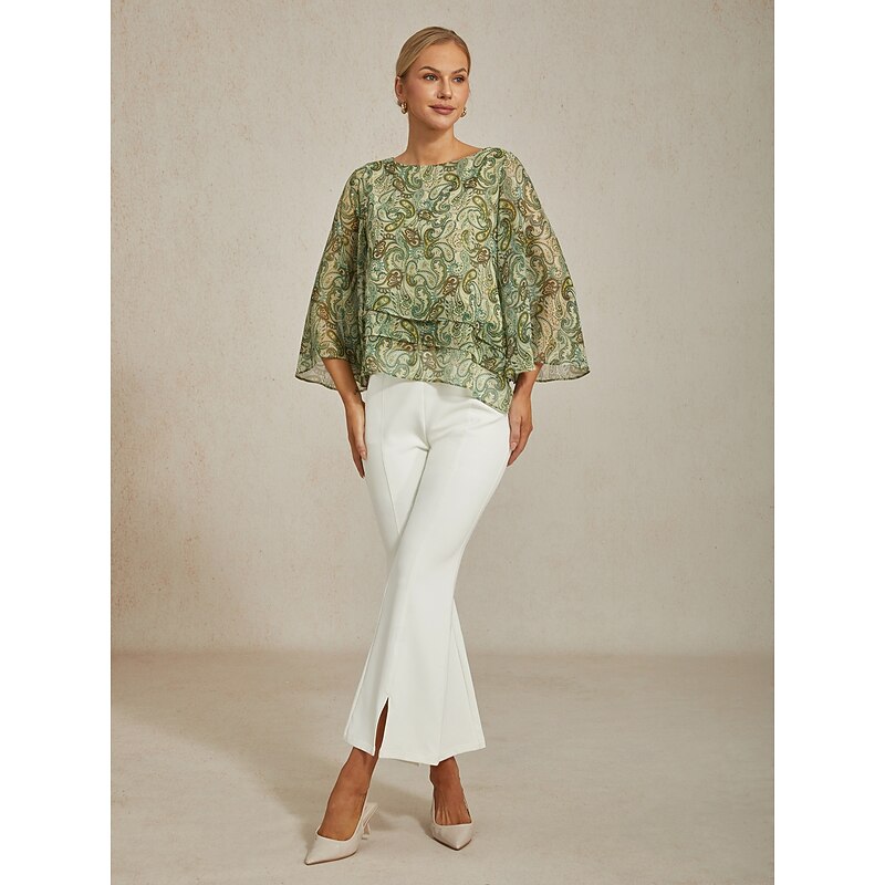 Women's Blouse Green Paisley Floral Layered 3/4 Sleeve Loose Fit Round Boat Neck Casual Elegant Spring Summer2