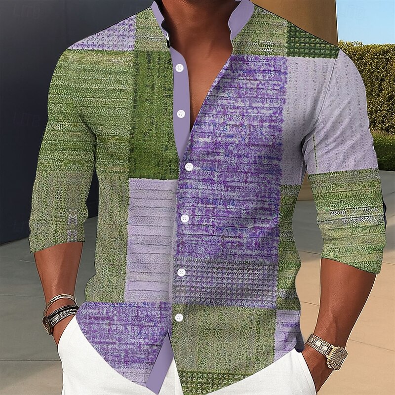 Men's Geometric Color Block Patchwork Shirt Stand Collar Shirt Long Sleeve Fashion Casual Dailywear Holiday Spring Fall Mandarin Collar Band Collar 3D Print Button Up Shirts Blue Purple Green Gray2