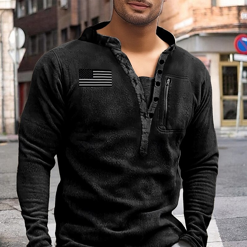 Men's Sweatshirt Fleece Sweatshirt Black Army Green Khaki Dark Gray Standing Collar American Flag Pocket Sports & Outdoor Daily Holiday Polyester Streetwear Basic Casual Fall Winter Clothing Apparel4