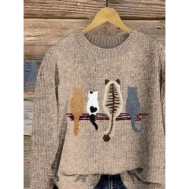 Women's Sweater Pullover Daily Casual Graphic Animal Ribbed Crew Neck Knitted Print Long Sleeve Regular Tops Knit Outdoor Weekend Khaki Fall Winter2