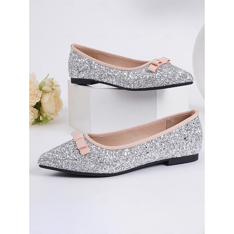 Women's Silver Glitter Pointed Toe Flats with Bow Detail - Elegant Cocktail Party and Formal Occasion Shoes3
