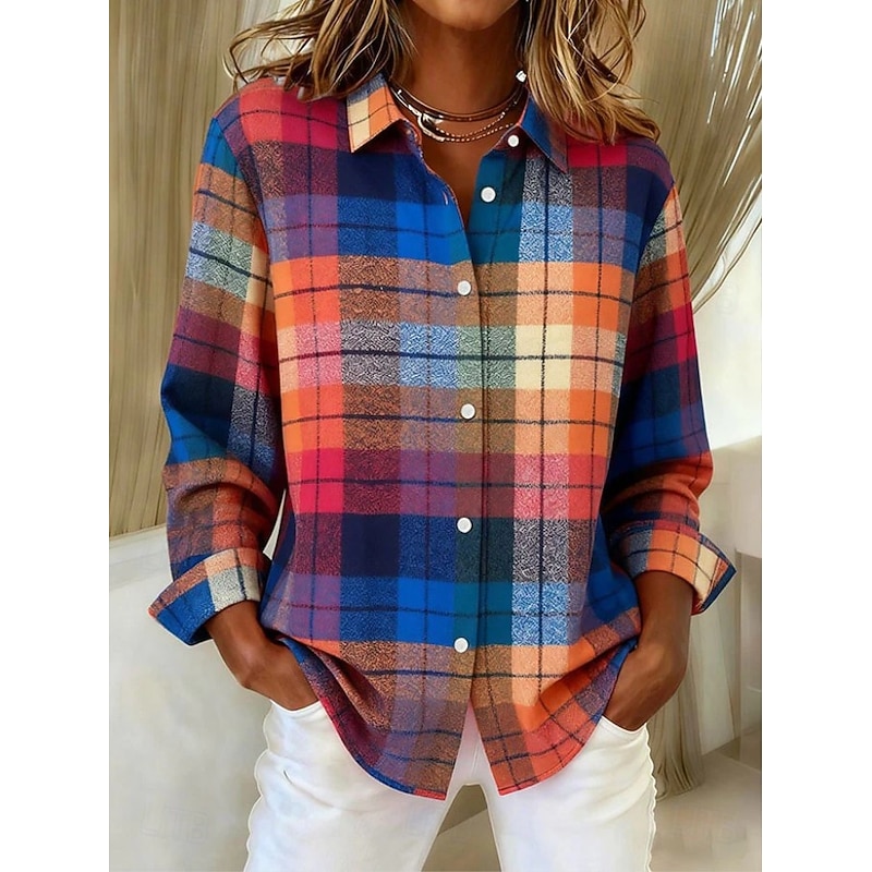 Women's Shirt Blouse Plaid Casual Long Sleeve Shirt Collar Regular Tops Daily Patchwork Buttons Print Light Green Pink Red Blue Orange Spring Fall Winter