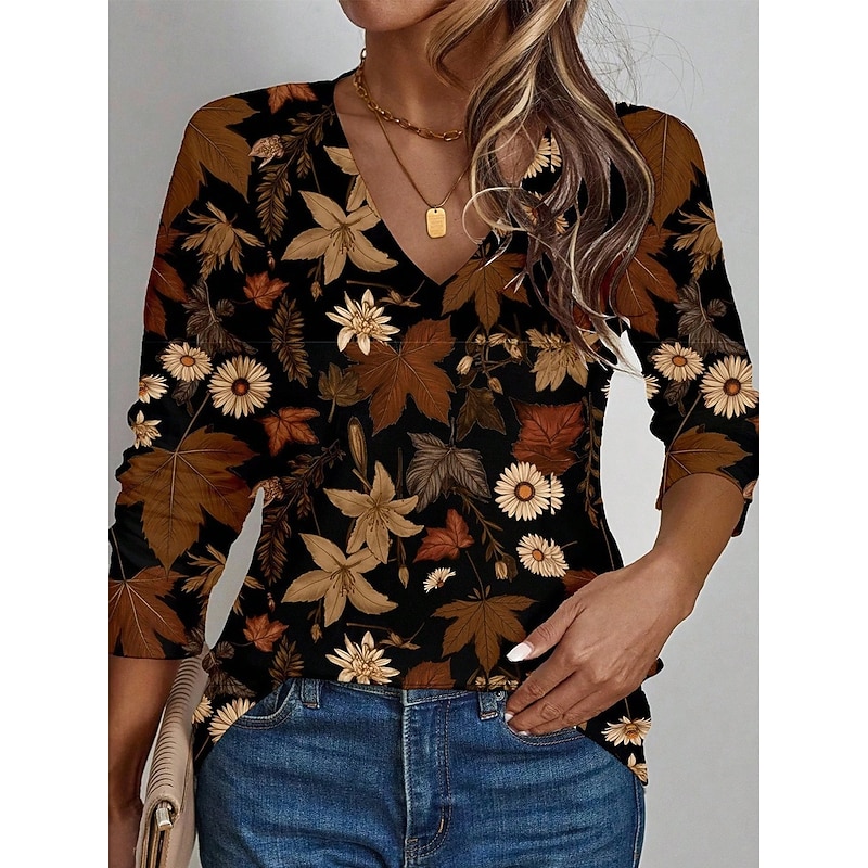 Women's T Shirt Floral Graphic Plants Vintage Stylish Classic Long Sleeve V Neck Regular Tops Daily Print Blue Orange Brown Khaki Spring Fall Winter