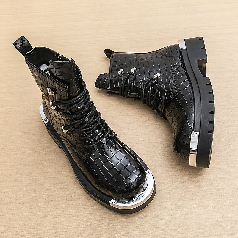 Black Crocodile-Patterned Men's Lace-Up Boots with Chunky Sole and Metallic Detail – Stylish for Motorcycle Riders, Urban Street Fashion, Casual Wear and Rock Style3