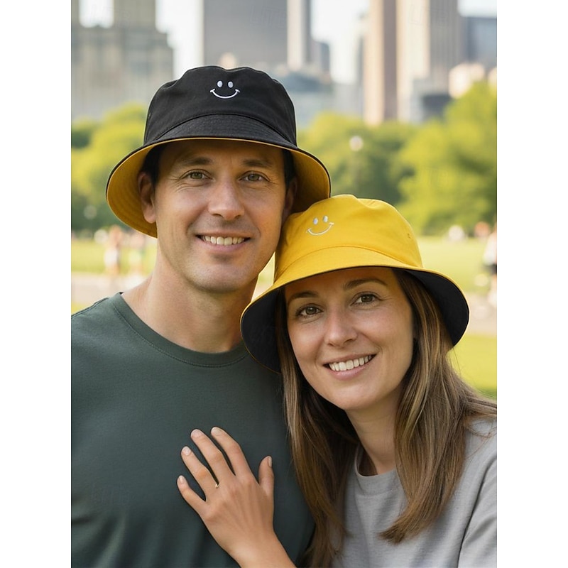 Women's Reversible Smiley Face Bucket Hat, Casual Cotton Sun Hat for Outdoor Travel, Beach and Everyday Wear