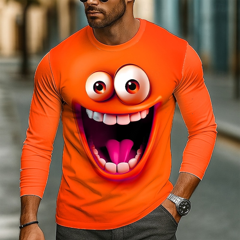 Men's 3D Funny Emotes T Shirt Long Sleeve T shirt 3D Print Crew Neck Shirt Fashion Exaggerated Street Daily Lake Blue Yellow Orange Summer Spring Fall Clothing Apparel S M L XL XXL XXXL2