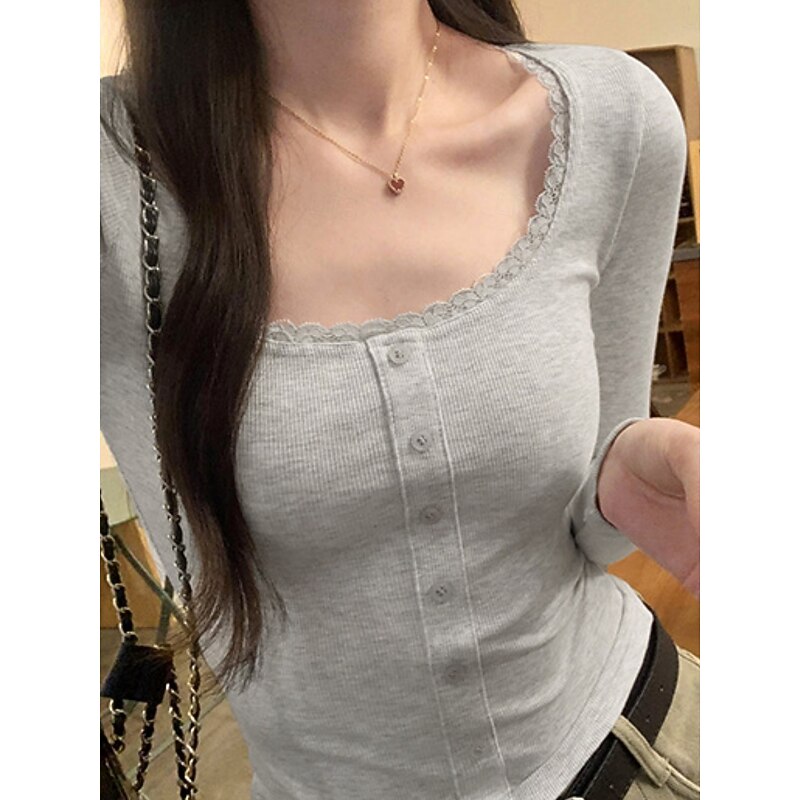 Women's Blouse Solid Color Stylish Basic Casual Long Sleeve U Neck Regular Tops Daily Patchwork Buttons Black Dark Gray Gray Spring Fall Winter2
