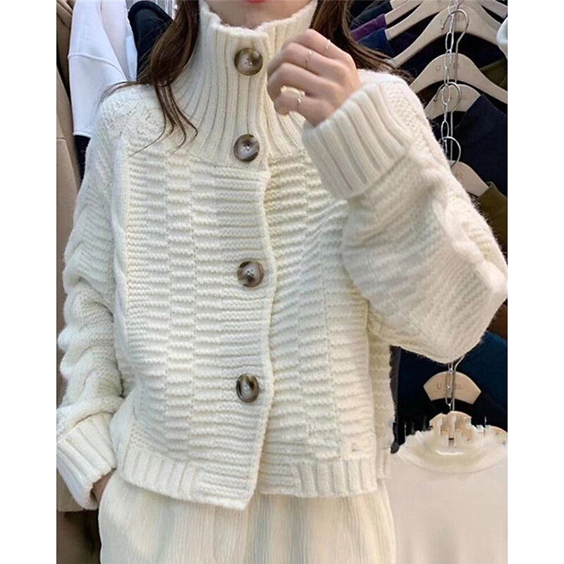 Women's Sweater Cardigan Fashion Streetwear Casual Pure Color Ribbed Turtleneck Pocket Knitted Long Sleeve Regular Tops Knit Outdoor Daily Weekend Black White Fall Winter2