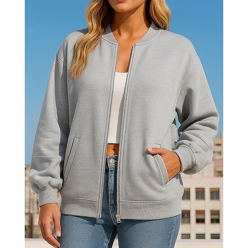 Women's Zip Up Sweatshirt Lounge Top Long Sleeve Top Athleisure Fall Solid Colored Hiking Outdoor Travel Sportswear Activewear Black White Khaki3