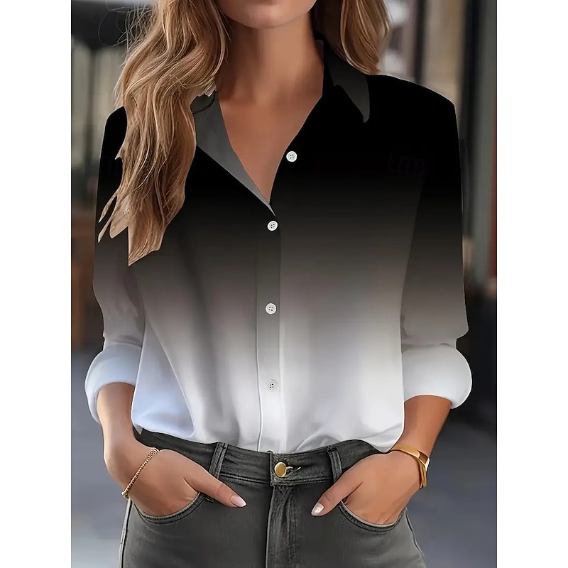 Women's Shirt Ombre Floral Color Gradient Casual Long Sleeve Shirt Collar Regular Tops Work Daily Buttons Print Black Spring Fall Winter Spring, Fall, Winter