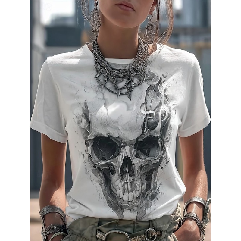 Halloween Women's T Shirt Skulls Graphic Vintage Fashion Stylish Short Sleeve Crew Neck Round Neck Regular Tops Daily Weekend Print Black White Light Grey Gray Fall Winter3