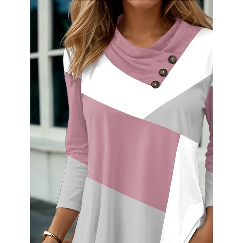 Women's Tunic Graphic Geometric Geometry Stylish Casual Long Sleeve Cowl Neck V Neck Regular Tops Daily Buttons Print Pink Sky Blue Khaki Spring Fall Winter2