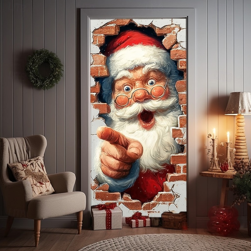 Christmas Door Cover Winter Holiday Curtain Decoration Festive Drapes Featuring Santa Claus Breaking Through Wall With Merry Christmas Print Large Fabric Panel For Home Bedroom Living Room Entryway De3