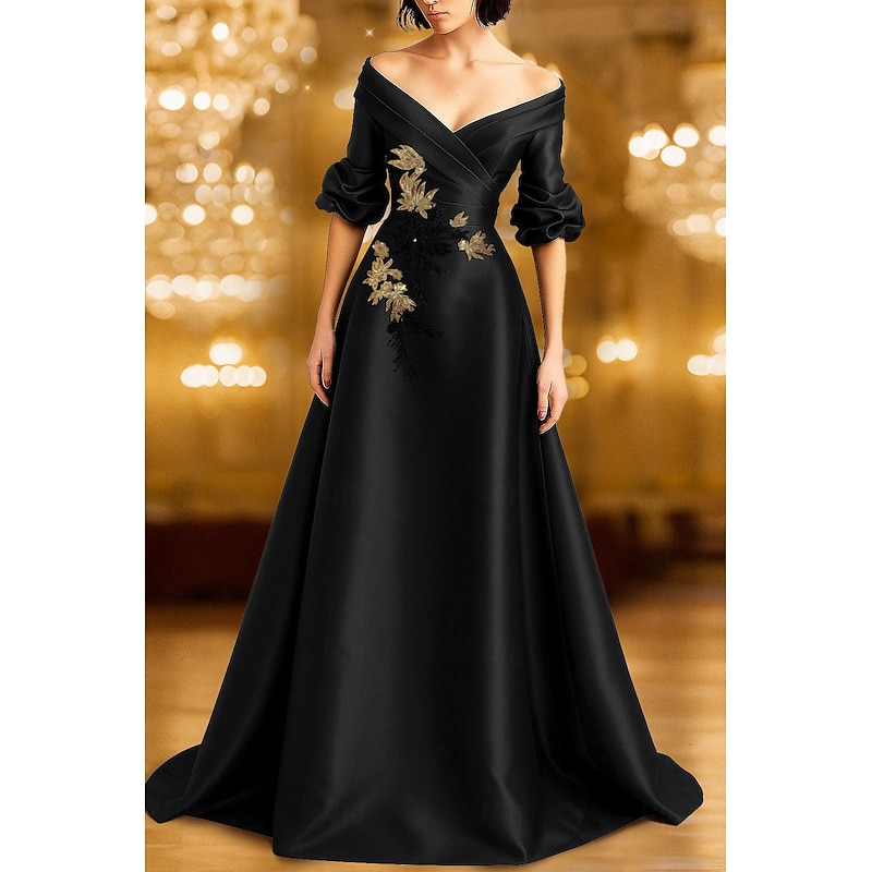 Black Red A-Line Evening Gown Elegant Formal Dress Formal Wedding Floor Length Long Sleeve Off Shoulder Satin with Glitter Sequin 2025