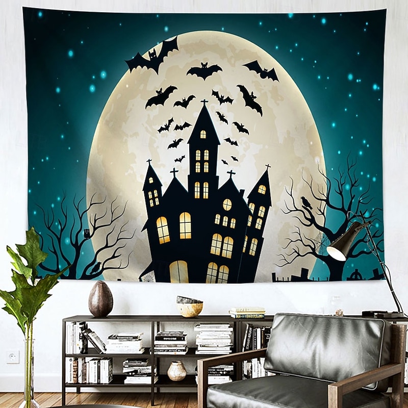 Halloween Castle Tapestry Hanging Fabric Wall Banner Peach Velvet Moonlit Night Haunted Castle Bats Flying Bare Trees Bedroom Living Room Party Decoration2