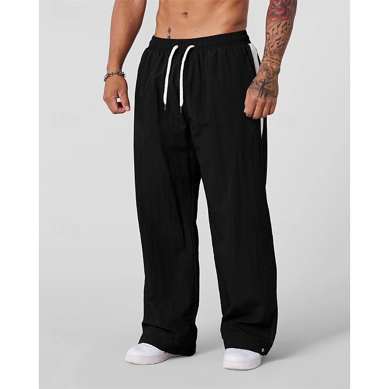 Men's Cotton Linen Pants Trousers Summer Pants Beach Pants Drawstring Pocket Elastic Waist Color Block Comfort Breathable Vacation Daily Holiday Hawaiian Boho Black White3