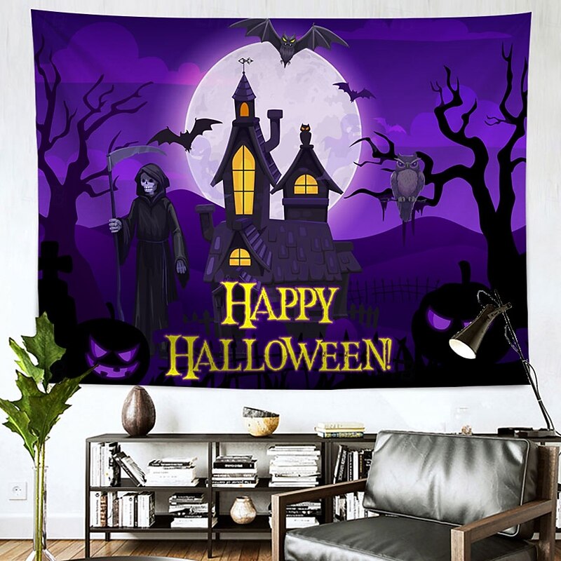 Halloween Purple Night Castle Tapestry Peach Velvet Wall Banner Glowing Windows Bare Trees Happy Halloween Party Decoration Bedroom Living Room Photography Background2