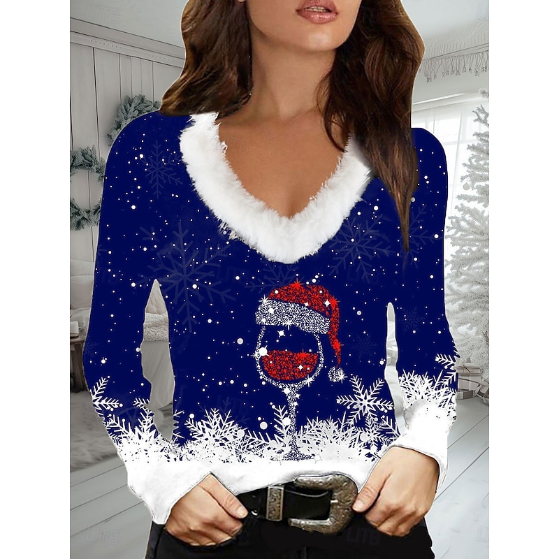 Christmas Women's T Shirt Graphic Snowflake Wine Glass Casual Long Sleeve V Neck Regular Tops Daily Patchwork Print Black Wine Blue Green Fall Winter4