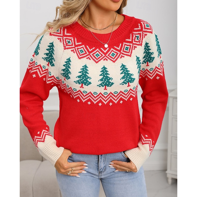 Women's Christmas Sweater Fair Isle Sweater Pullover Fashion Casual Christmas Tree Ribbed Crew Neck Knitted Print Long Sleeve Regular Tops Knit Christmas Outdoor Daily Red Fall Winter4