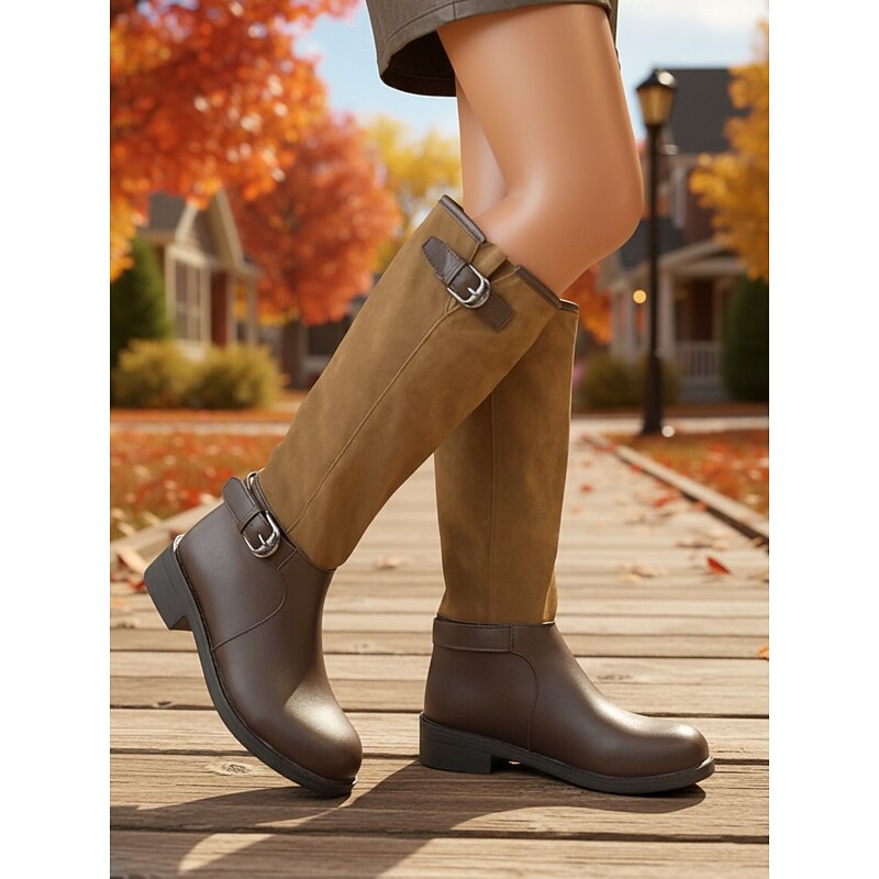 Women's Adjustable Shaft Knee High Boots - Suede and Faux Leather Combination with Buckle Detail, Fashionable Riding Style Footwear for Urban Casual Outfits and Everyday Wear