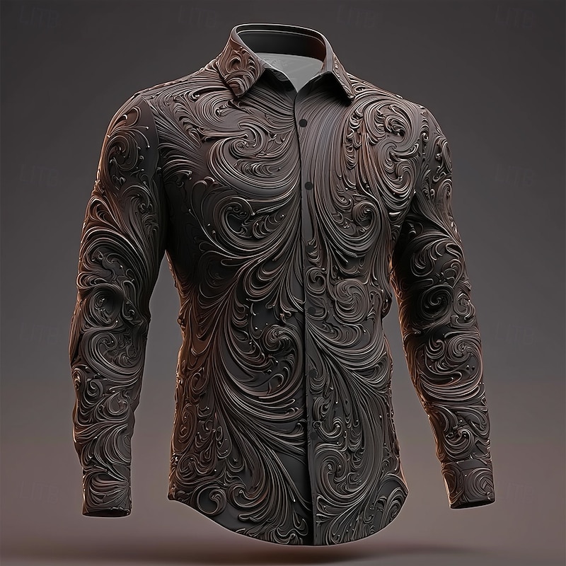 Halloween Men's Texture 3D Swirl Intricate Floral Shirt Button Up Shirt Long Sleeve Vintage Retro Dark Gothic Style Outdoor Holiday Spring Fall Turndown 3D Print Collared Shirts Black Brown