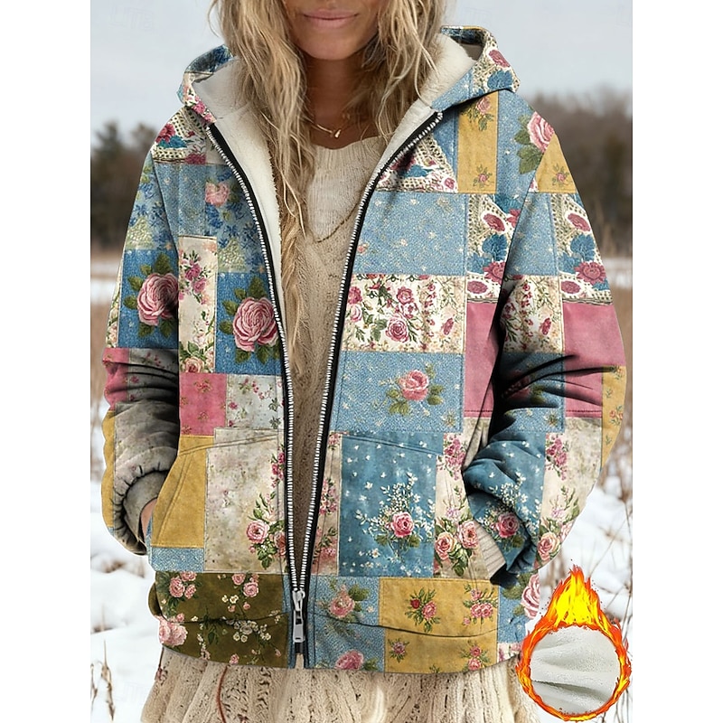 Women's Winter Coat Fleece Jacket Casual Jacket Warm Zipper Pocket Print Fashion Casual Floral Street Casual Regular Hoodie Loose Fit Long Sleeve Outerwear Blue Purple Green Spring Fall