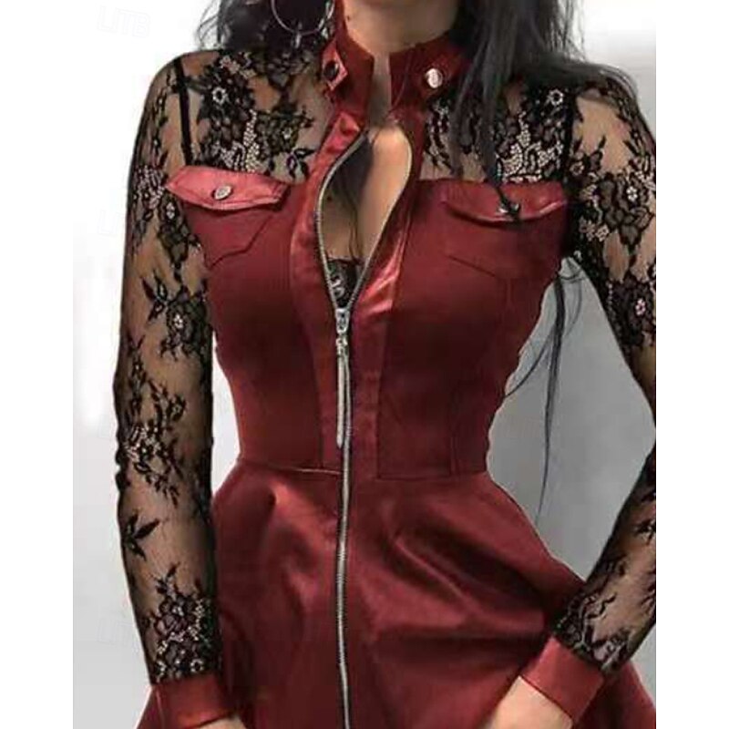 Women's Mini Dress Black Dress Leather Dress Fashion Modern Outdoor Party Going out Regular Fit Houndstooth Long Sleeve Stand Collar Wine Spring Fall Winter Autumn2