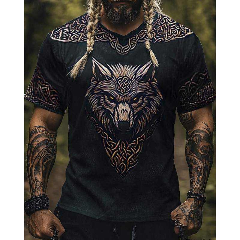 Men's T Shirt Tee Short Sleeve Shirt Tee Top Short Sleeve V Neck Summer Wolf Viking Vintage Designer Ethnic Style Print Vacation Street Going out Black Blue Dark Gray Top Tee for Men2