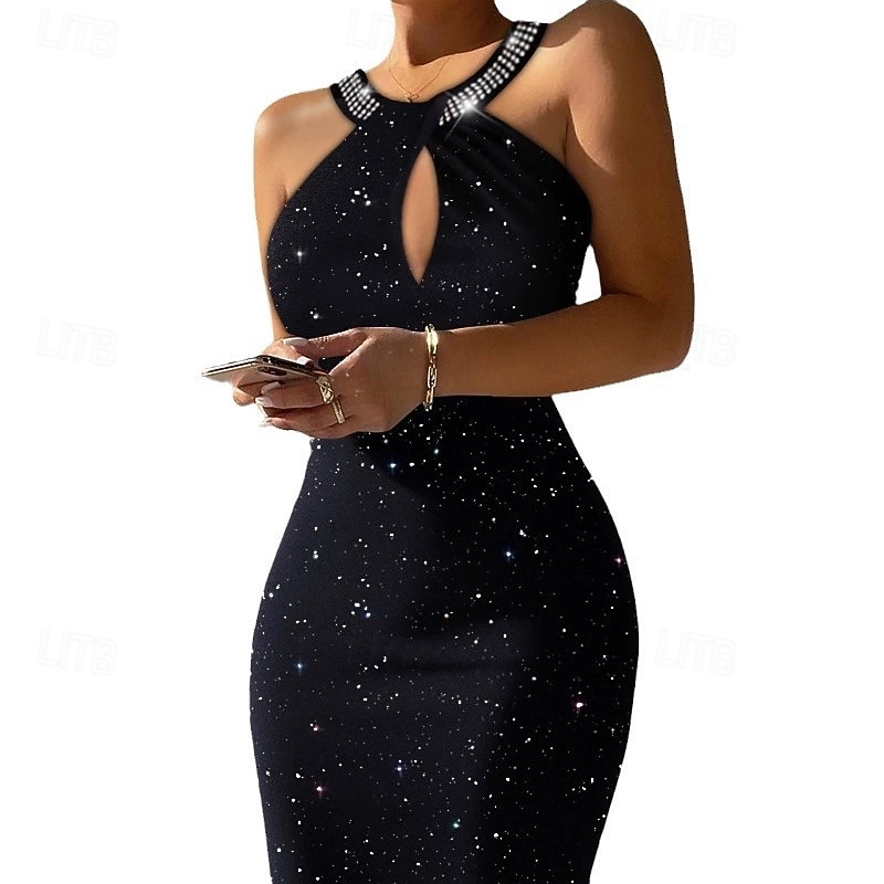 Women's Midi Dress Black Dress Sequin Dress Party Dress Casual Dress Elegant Fashion Modern Outdoor Party Daily Slim Plain Sleeveless Halter Neck Black Spring Autumn3