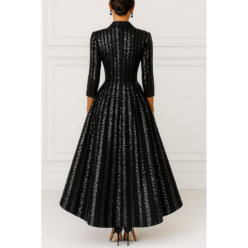 Black Sequin Tuxedo Dress Blazer A-Line Formal Wedding Wedding Guest Satin Elegant Vintage 3/4 Length Sleeve Floor Length Notched Lapels Zipper3