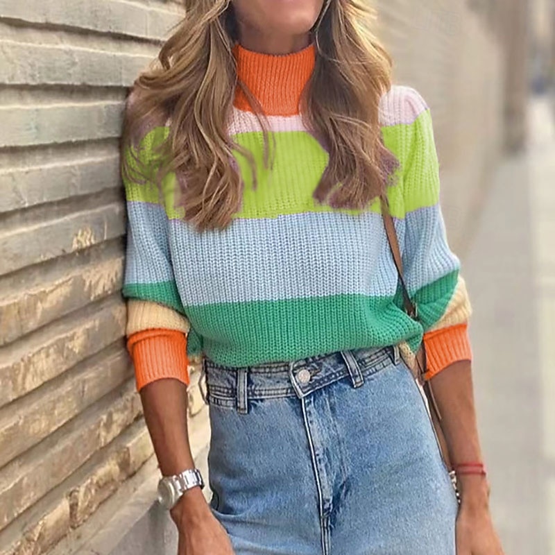 Women's Sweater Pullover Streetwear Casual Color Block Striped Turtleneck Stripe Knitted Long Sleeve Regular Tops Knit Daily Holiday Going out Yellow Pink Fall Winter