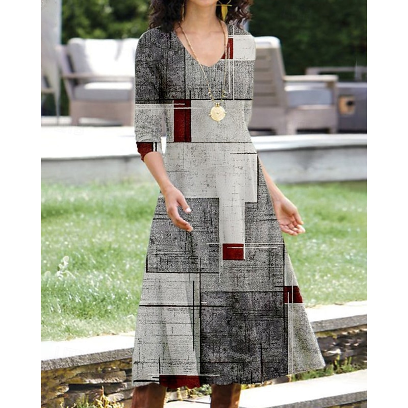 Women's Midi Dress Casual Dress Modern Vacation Daily Holiday Regular Fit Geometric Abstract 3/4 Length Sleeve V Neck Light Grey Spring Fall