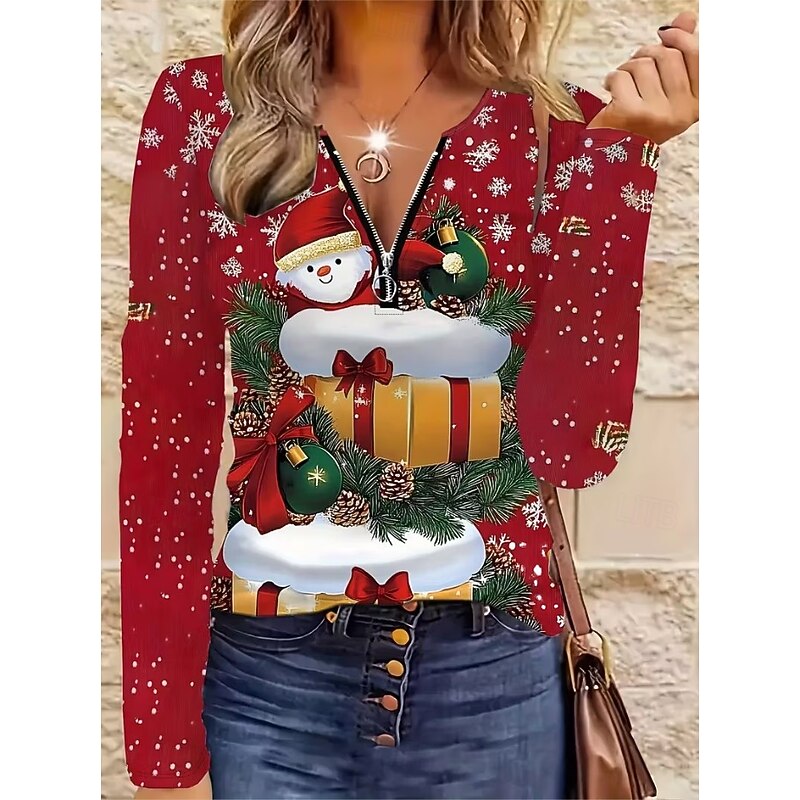 Christmas Women's T Shirt Graphic Santa Claus Vintage Fashion Stylish Long Sleeve Crew Neck V Neck Regular Tops Daily Zipper Print Black Pink Red Spring Fall Winter3