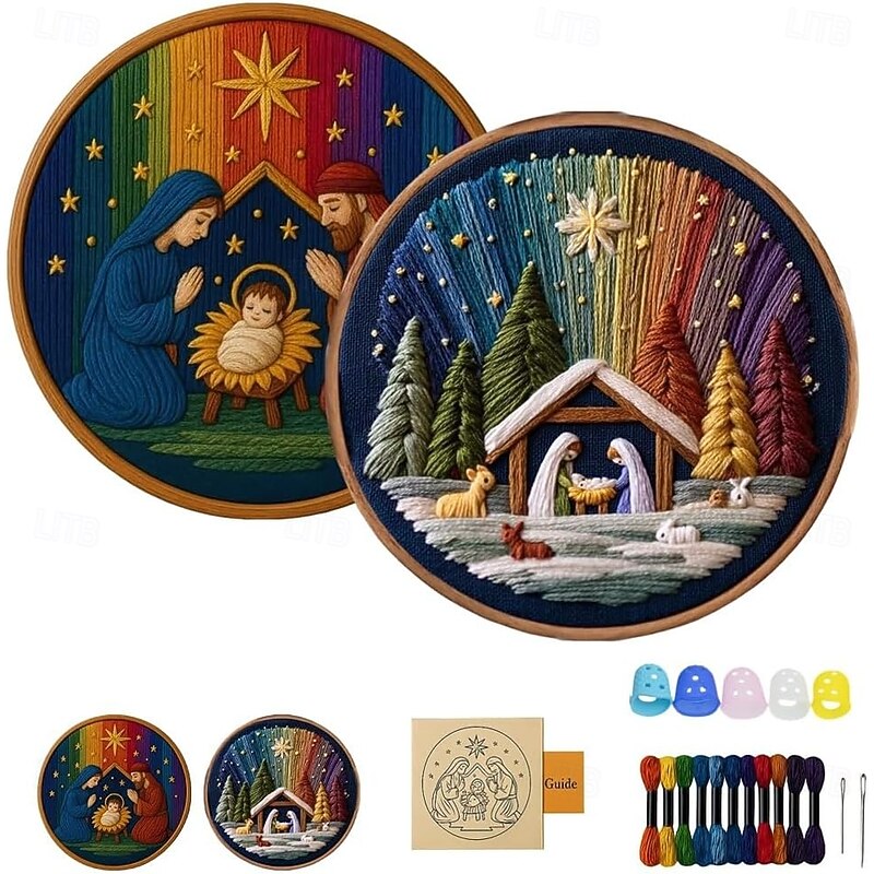 DIY Nativity Embroidery Kit, Stitch The Holy Story, Christian Nativity Scene Embroidery Craft Kit For Adults Beginner, Complete Christmas Cross Stitch Kits With Fabric, Threads & Needles